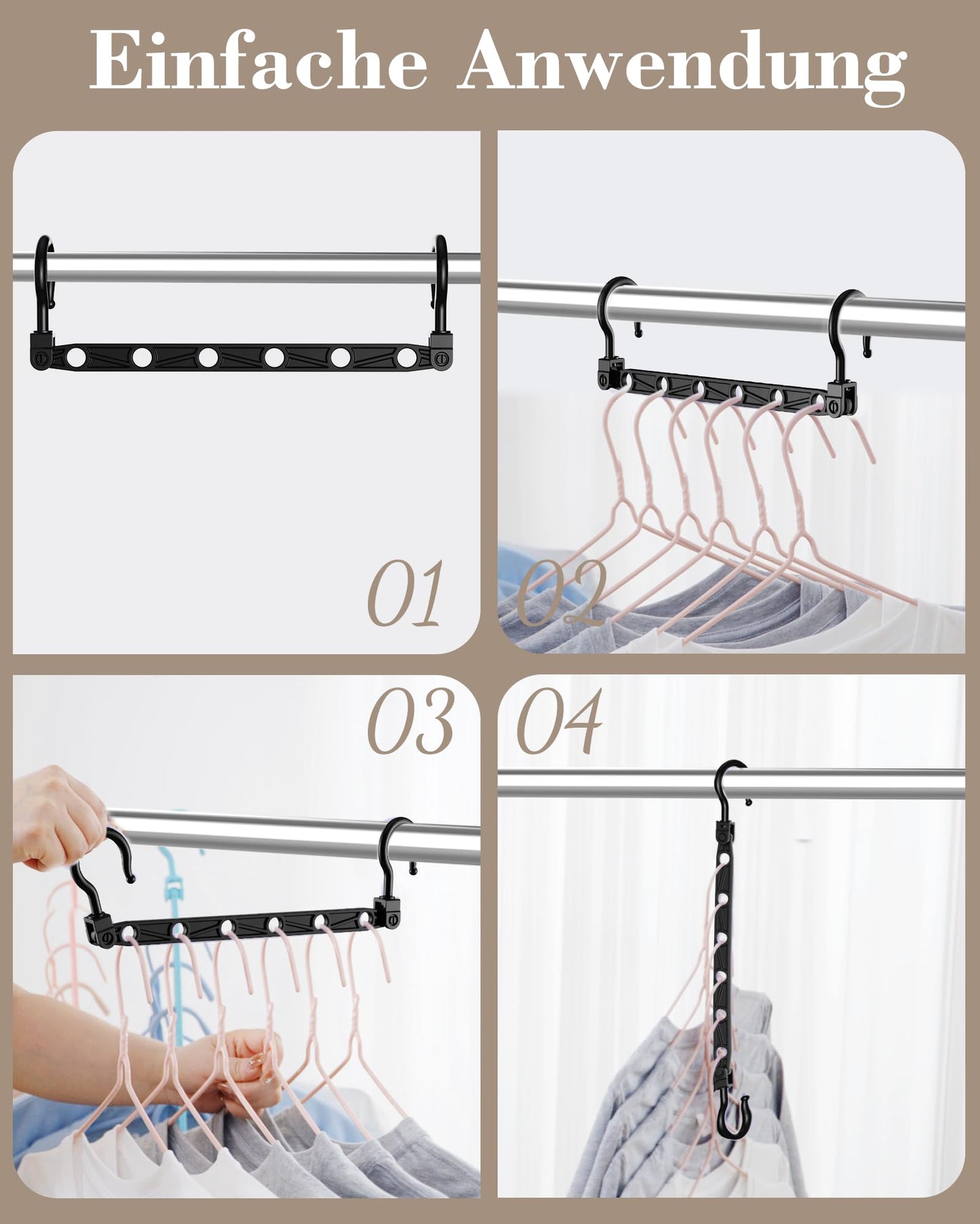 Lot de 8 Cintres Gain de Place - Cintres Pliables avec 6 Troues et Crochets Rotatifs 360° - Porte-vêtements Robustes pour Habits Lourds, +80% d‘Espace de Rangement pour Placard