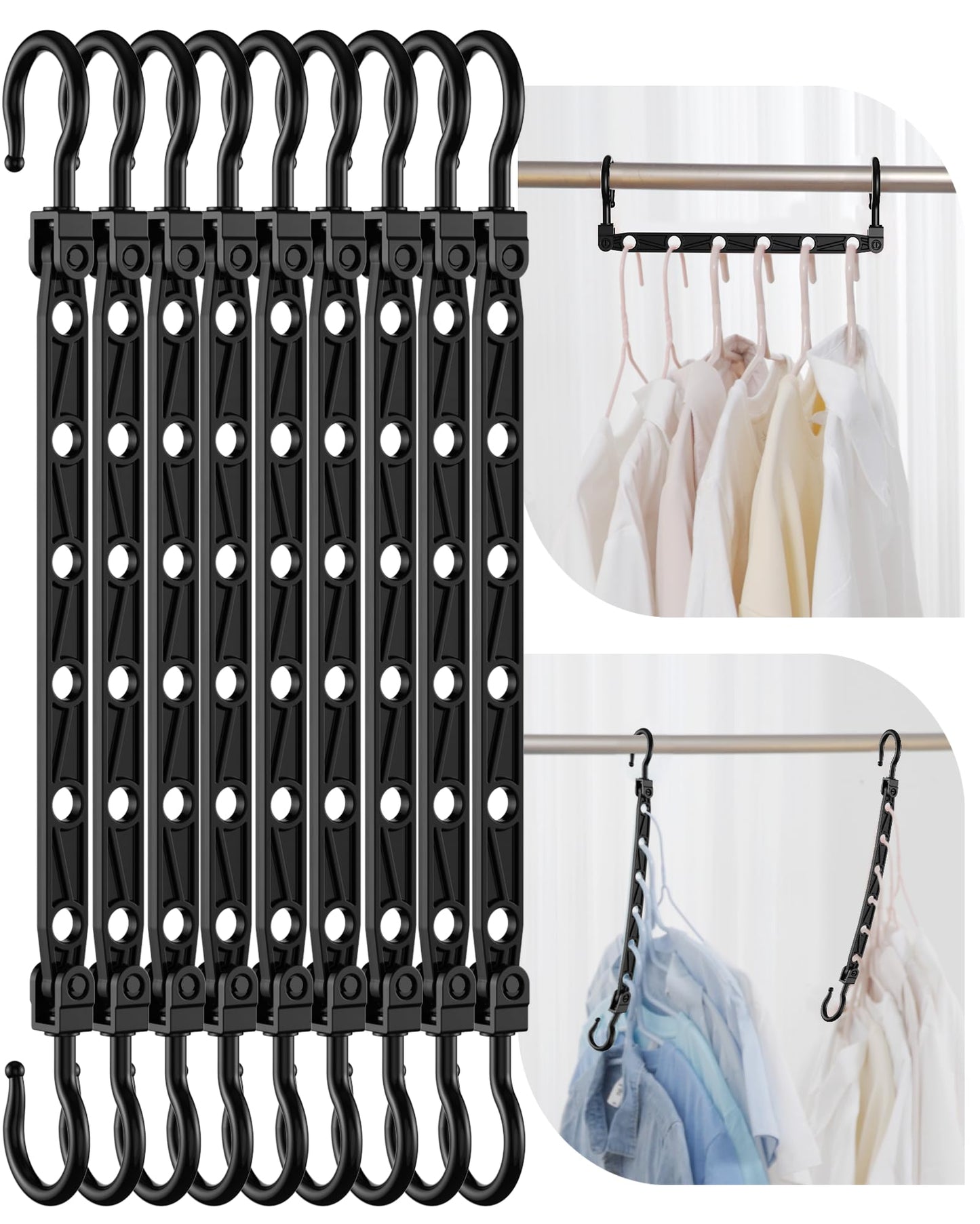 Lot de 8 Cintres Gain de Place - Cintres Pliables avec 6 Troues et Crochets Rotatifs 360° - Porte-vêtements Robustes pour Habits Lourds, +80% d‘Espace de Rangement pour Placard
