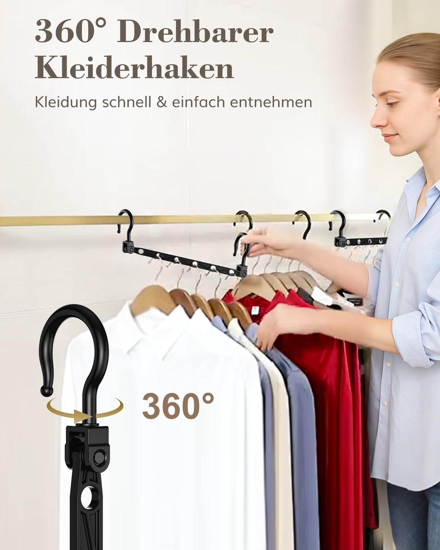 Lot de 8 Cintres Gain de Place - Cintres Pliables avec 6 Troues et Crochets Rotatifs 360° - Porte-vêtements Robustes pour Habits Lourds, +80% d‘Espace de Rangement pour Placard